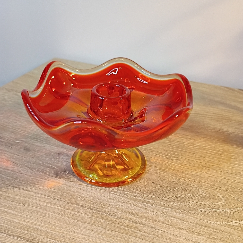 Vintage Viking Glass 6 Petal Amberina Single Candle Holder